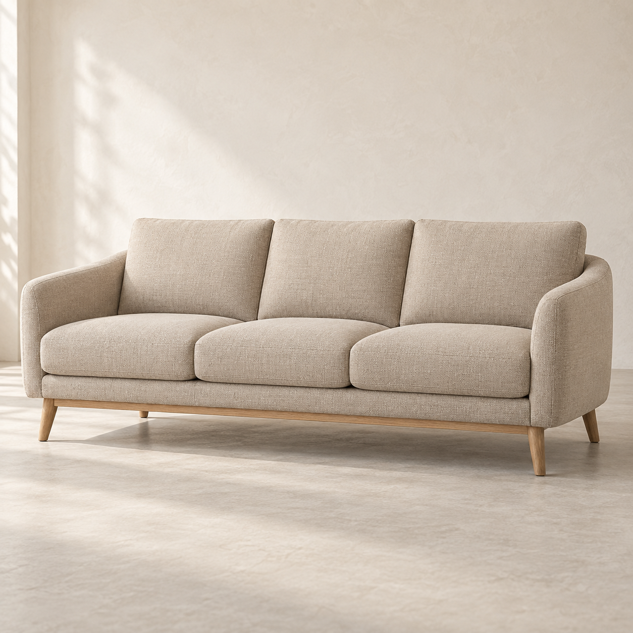Warm beige modern three-seater sofa